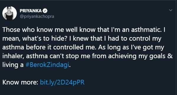 Priyanka CHopra tweet on Asthma